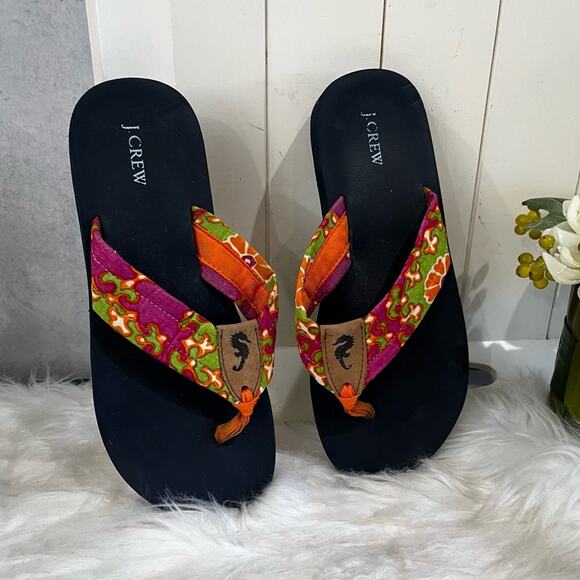 NEW J. Crew Preppy Seahorse Orange Pink Sunrise Retro Floral Flip Flops 6 NWOT - Picture 2 of 12